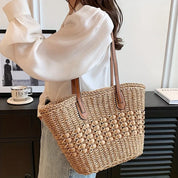 Moda oco saco de palha férias viagem praia saco de ombro feminino grande capacidade trançado sacola de compras diárias saco de mão