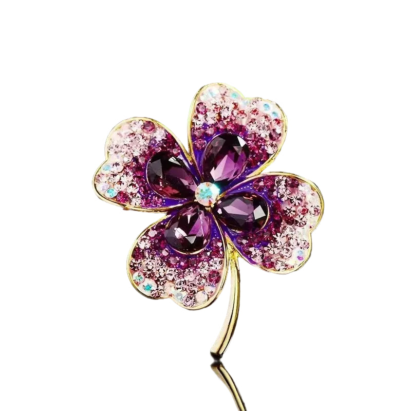 Broches de trevo de quatro folhas de grama de cristal rosa da sorte para meninas alfinete de lapela vintage terno de casamento acessórios de joias presentes