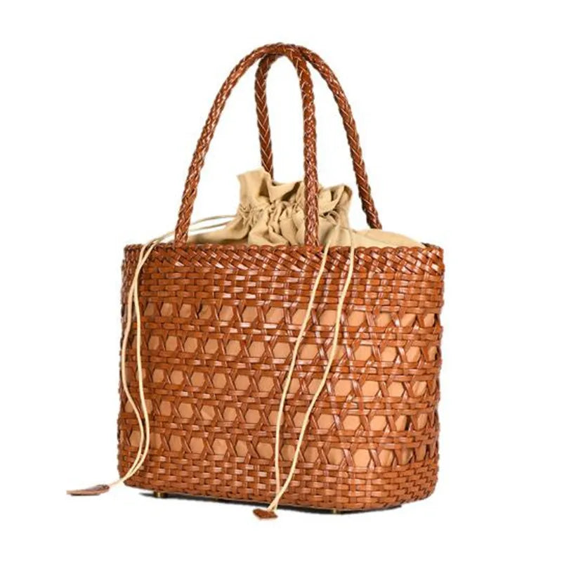 2024 bolsa de ombro feminina de couro genuíno com bolsa interna tecelagem bolsa de compras casual bolsa tote vintage