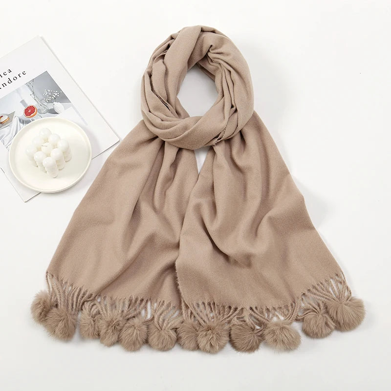 Lenço quente feminino com bola de pele de coelho pashmina lenços grossos xales inverno cashmere pompom cachecol senhoras oversize cobertor envoltório