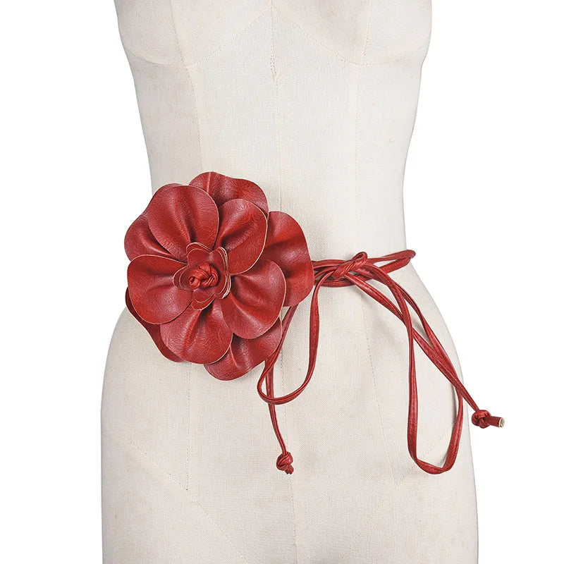 Cinto de couro PU boêmio – faixa envoltória com gravata de flor grande e laço para decoração de vestido
