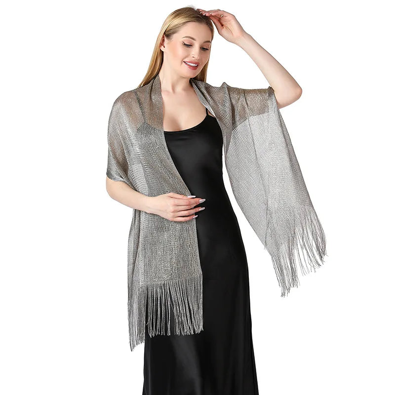 Moda Ouro Prata Brilhante Silk Sunscreen Scarf Feminino Long Tassel Evening Party Dress Xaile Verão Fino Praia Bikini Sun Cloak