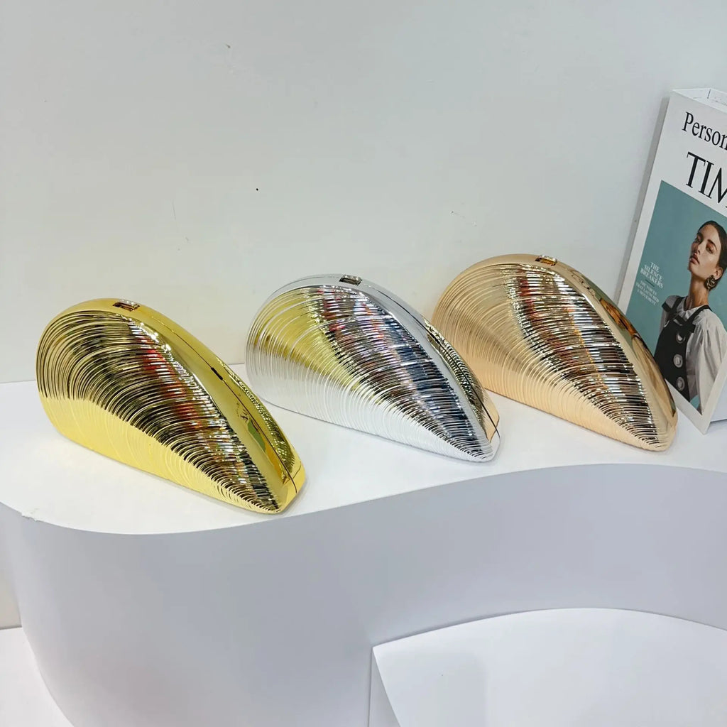 Retro dourado prata metal grande concha saco acrílico novo banquete festa mão com tudo incluído ombro feminino crossbody sacos de noite