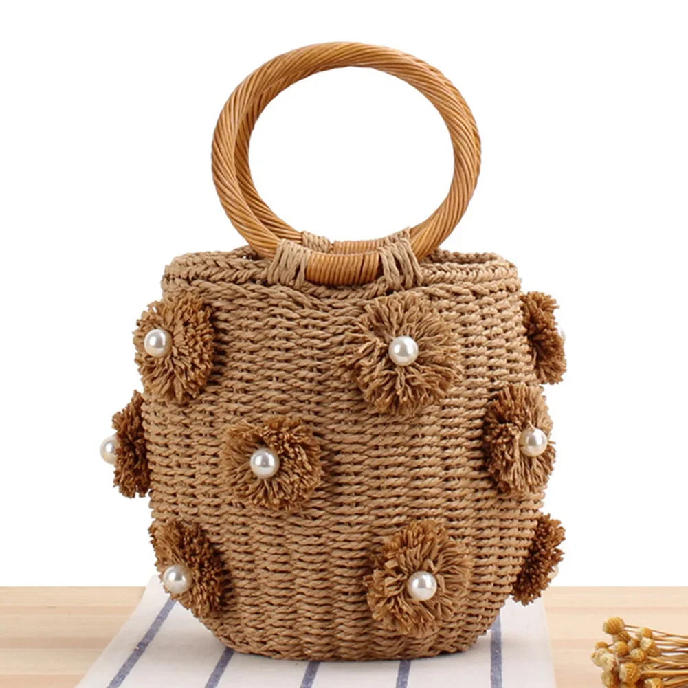 Bolsa feminina de palha com pérolas, bolsa de tecido artesanal com cordão para pulso, bolsa de praia para férias de verão