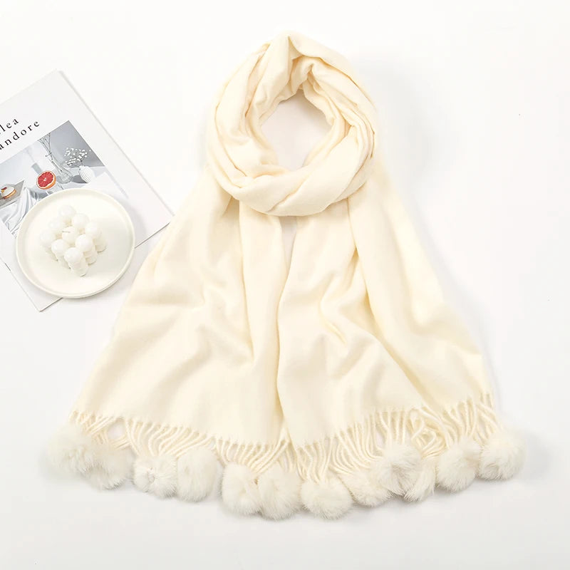 Lenço quente feminino com bola de pele de coelho pashmina lenços grossos xales inverno cashmere pompom cachecol senhoras oversize cobertor envoltório