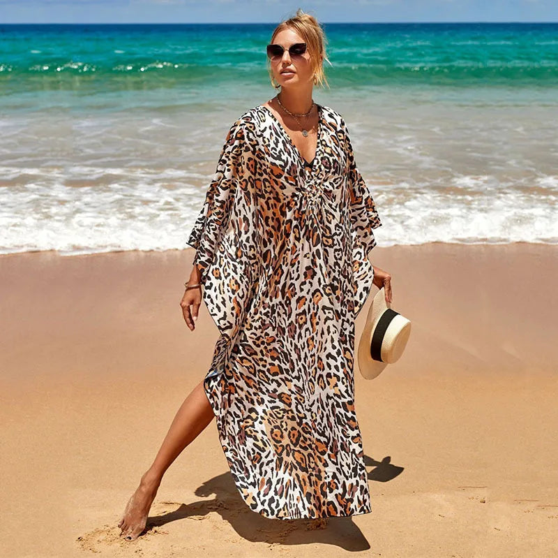 Plus size feminino animal impressão kaftan vestidos caftans roupa de banho coverups verão maiô longo vestido de praia