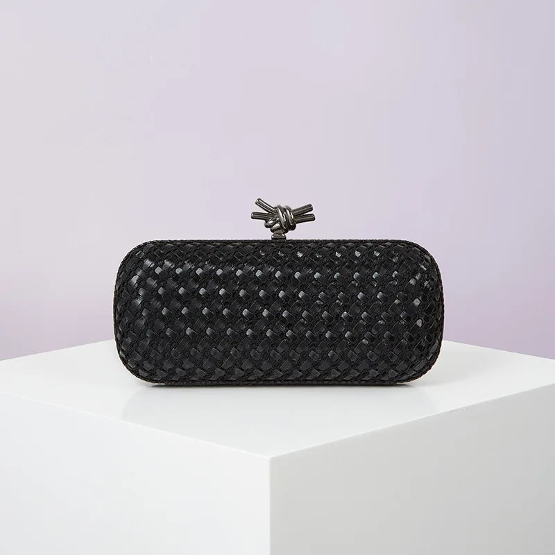 Bolsa de mão de noite dourada para mulheres, bolsa de couro e linha brilhante, elegante, feminina, com nó de metal, bolsa de festa