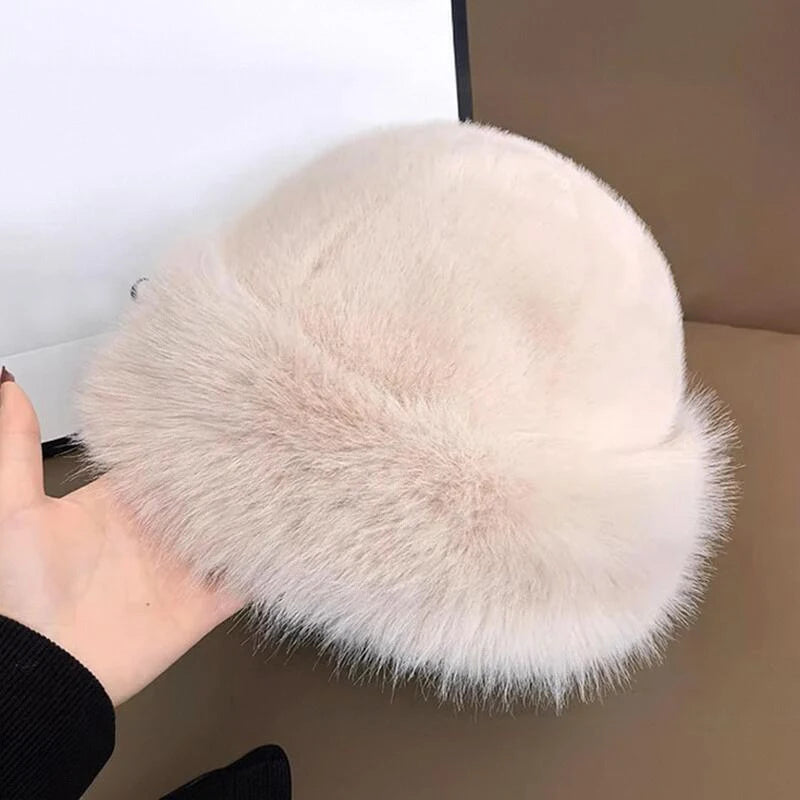 Inverno grosso quente peludo gorros chapéu moda feminina imitação de pele de vison boné russo cor sólida de pelúcia boné sem aba chapéu de esqui