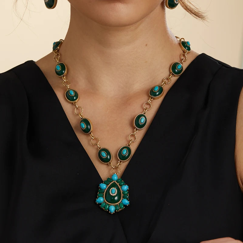 Retro verde colar vintage pedra natural pingentes encantos para mulheres olho frisado cor de ouro antigo jóias presente dia das mães 2025