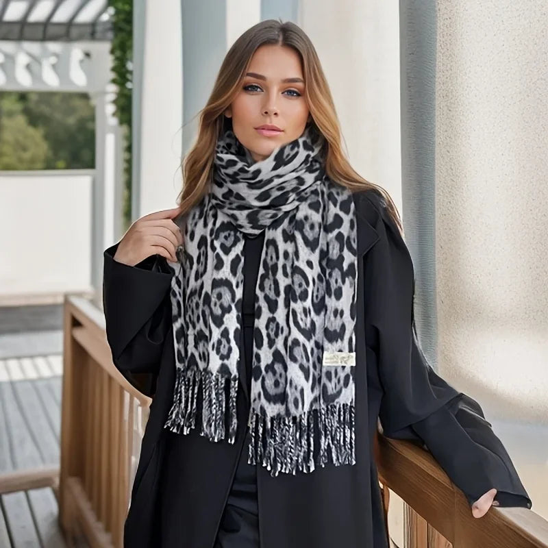 Retro leopardo cachecol feminino outono inverno clássico borla xale 2025 calor quente sexiness