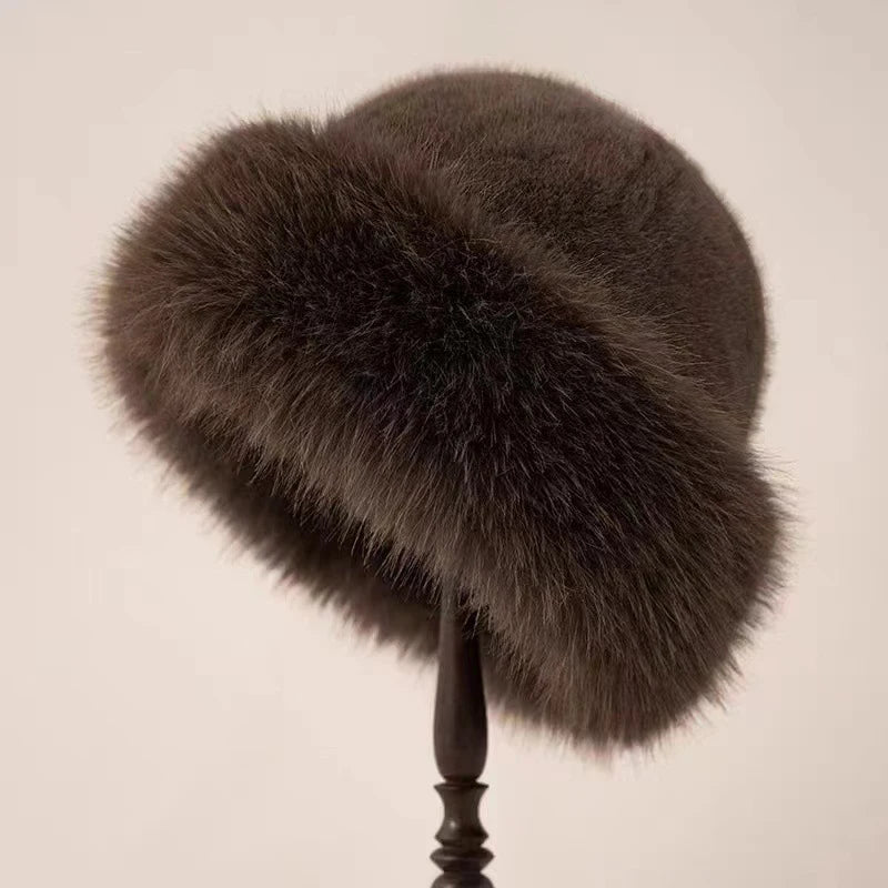 Inverno grosso quente peludo gorros chapéu moda feminina imitação de pele de vison boné russo cor sólida de pelúcia boné sem aba chapéu de esqui