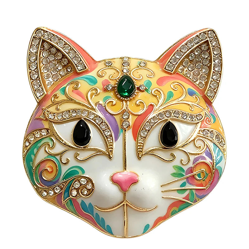 Broche Gato Esmaltado com Strass Elegante Feminino