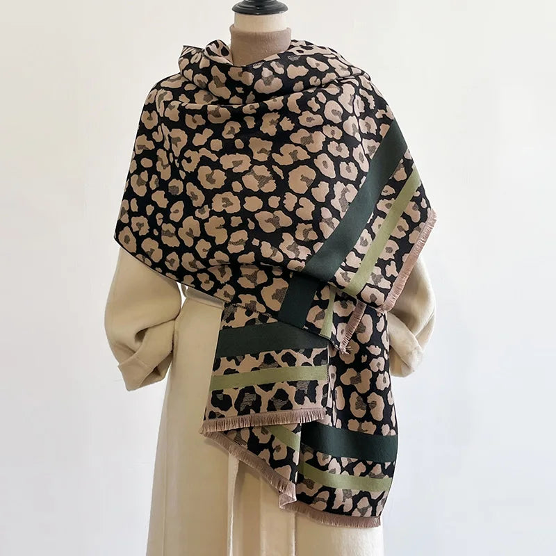 Novo luxo inverno leopardo dupla face cashmere jacquard cachecóis de alta qualidade feminino engrossar envoltório xale senhoras lã pashmina cachecol