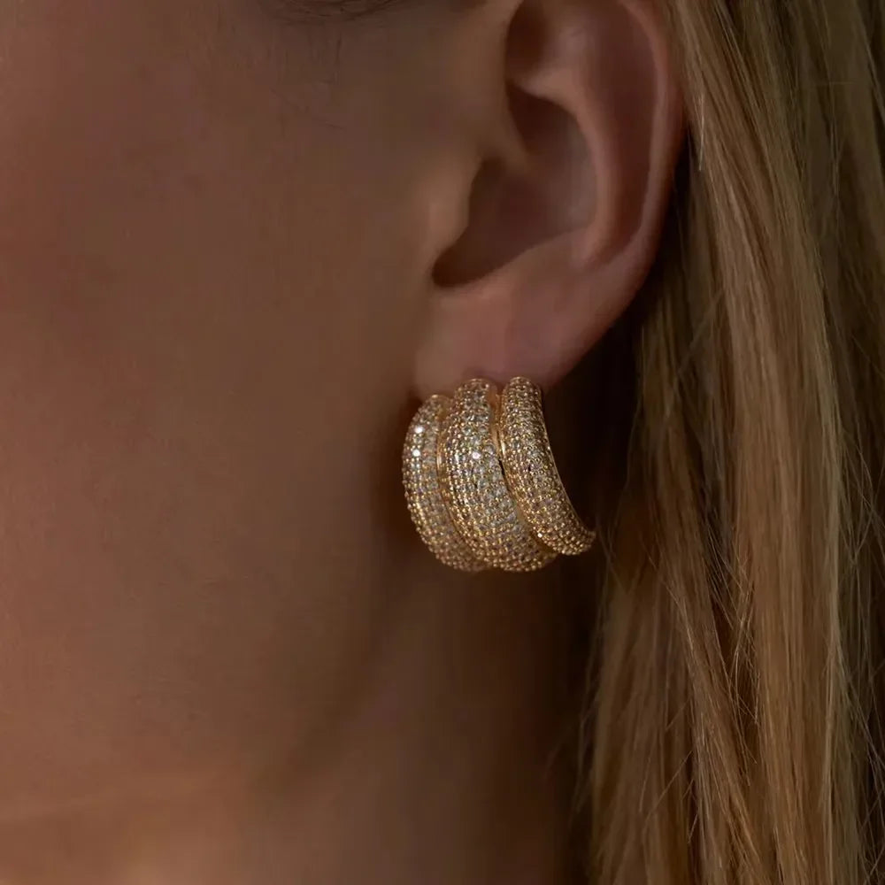 Luxo completo pavimentado strass u forma brincos de argola para mulher 18k banhado a ouro garra círculo c forma brinco jóias de declaração