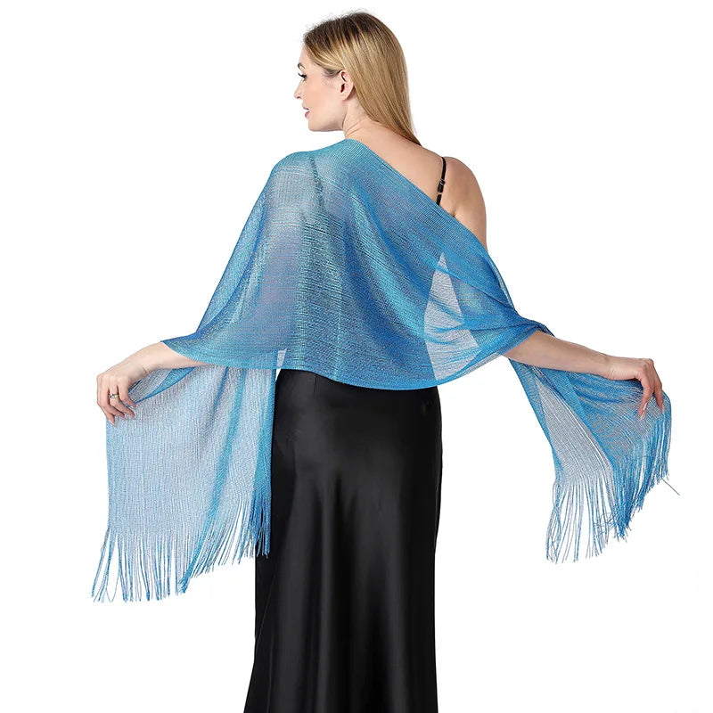 Moda Ouro Prata Brilhante Silk Sunscreen Scarf Feminino Long Tassel Evening Party Dress Xaile Verão Fino Praia Bikini Sun Cloak