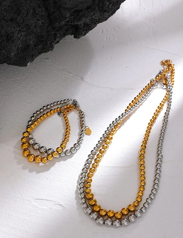 Yhpup contas de aço inoxidável artesanal moda corrente colar pulseira 18k pvd banhado à prova de ferrugem texturizado unissex jóias das mulheres dos homens