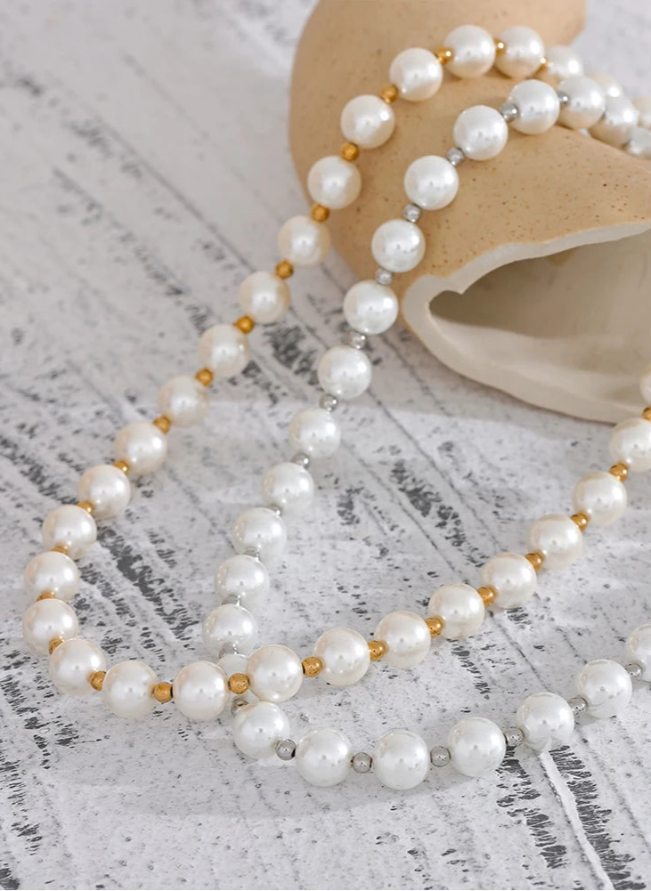 Yhpup destaque imitação de pérolas sem descascar corrente artesanal à prova d'água chique colar de aço inoxidável joias básicas da moda