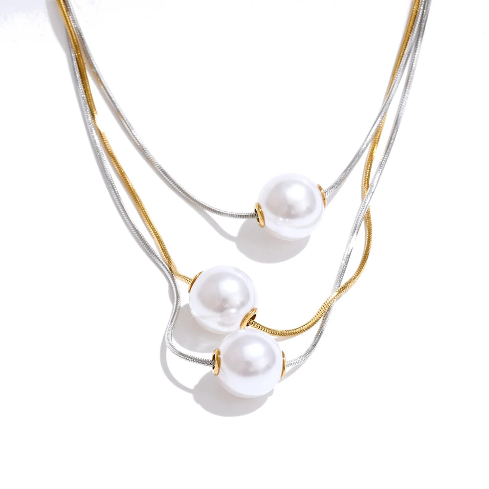 Yhpup coreano aço inoxidável simulado pérolas 3 camadas pingente colar popular moda chique requintado jóias acessórios presente