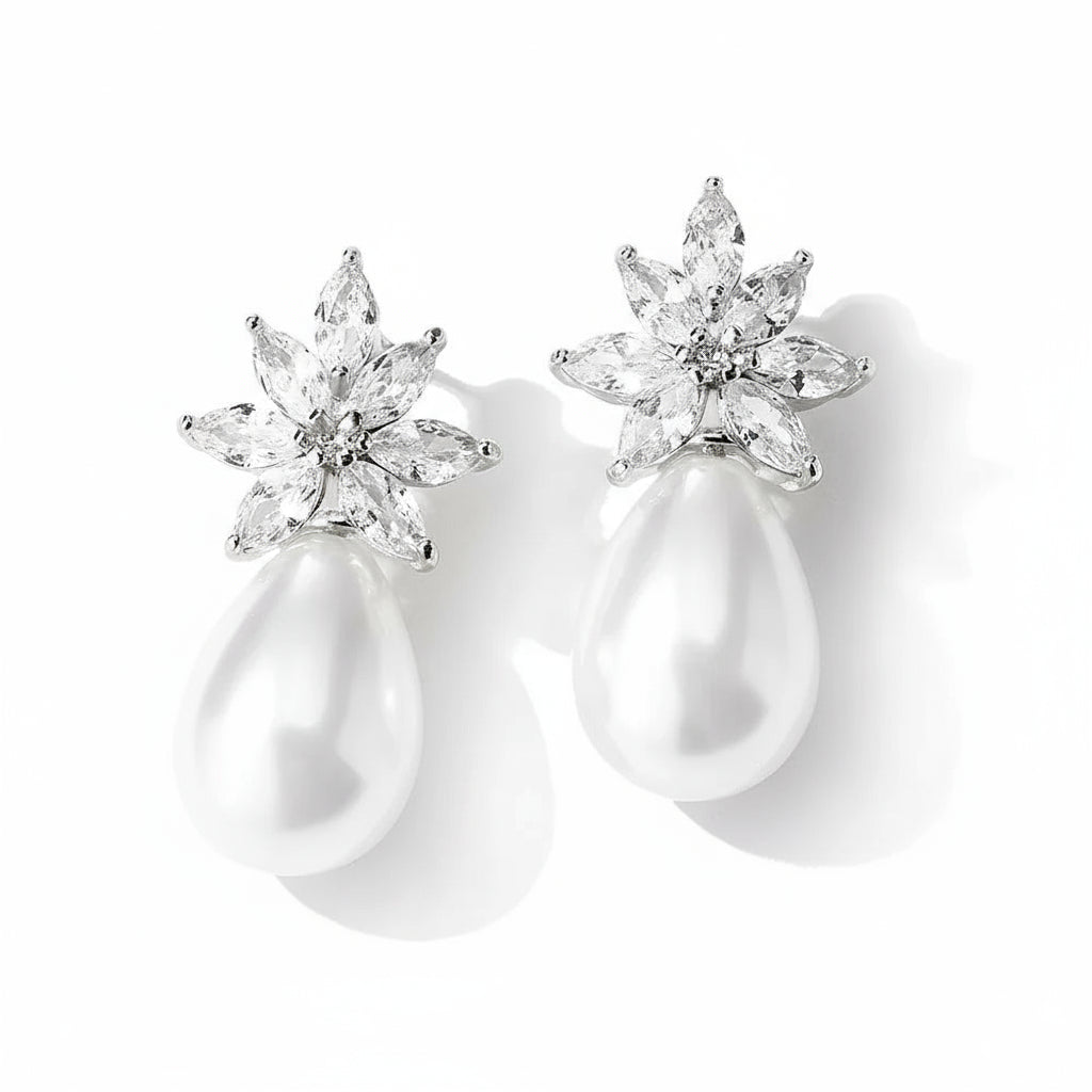 Zakol elegante 12mm imitação de pérola gota de água brincos pendurados para mulheres faísca flor casamento noiva joias da moda