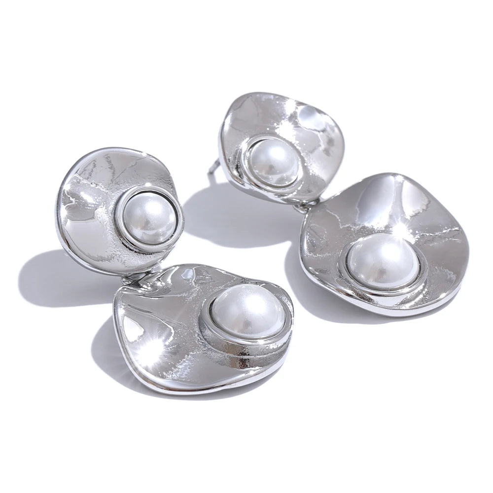 Yhpup elegante imitação de pérolas redondas geométricas brincos pendurados elegantes de aço inoxidável coreano joia diária presente