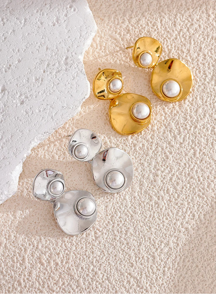 Yhpup elegante imitação de pérolas redondas geométricas brincos pendurados elegantes de aço inoxidável coreano joia diária presente