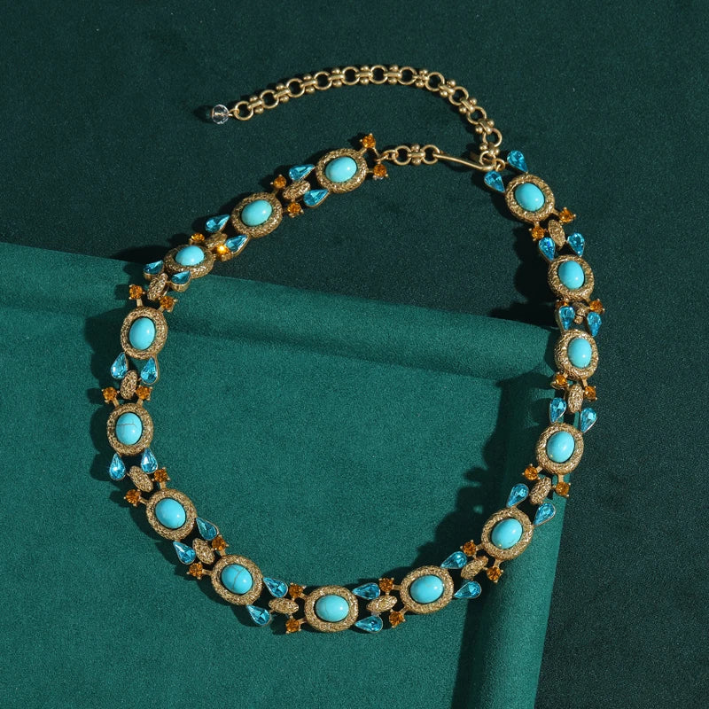 Gargantilha turquesa natural, colar de luxo para mulheres, gota de água, joias de cristal no pescoço, corrente vintage 2025