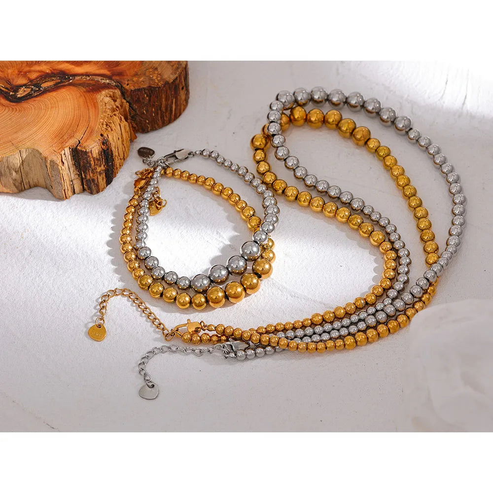 Yhpup contas de aço inoxidável artesanal moda corrente colar pulseira 18k pvd banhado à prova de ferrugem texturizado unissex jóias das mulheres dos homens