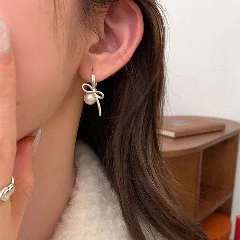 Real 925 prata esterlina 14k ouro pérola oco bowknot hoop brincos para mulheres minimalista jóias finas acessórios bonitos