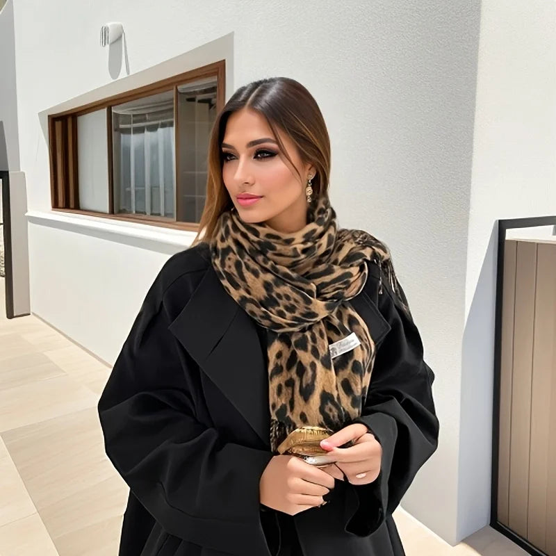 Retro leopardo cachecol feminino outono inverno clássico borla xale 2025 calor quente sexiness