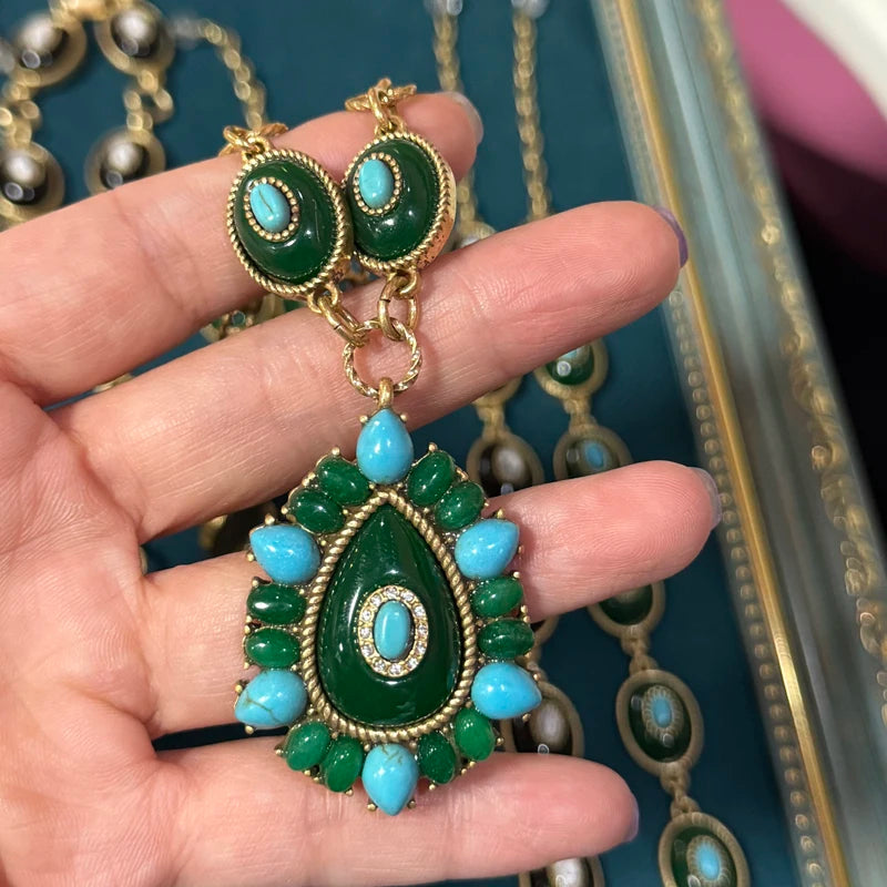 Retro verde colar vintage pedra natural pingentes encantos para mulheres olho frisado cor de ouro antigo jóias presente dia das mães 2025
