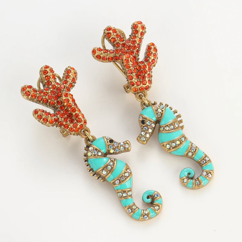 Vintage azul cavalo marinho brincos mulher strass cristal vermelho coral esmalte animal verão jóias praia tendência 2025 novo