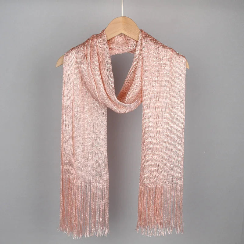 Moda Ouro Prata Brilhante Silk Sunscreen Scarf Feminino Long Tassel Evening Party Dress Xaile Verão Fino Praia Bikini Sun Cloak