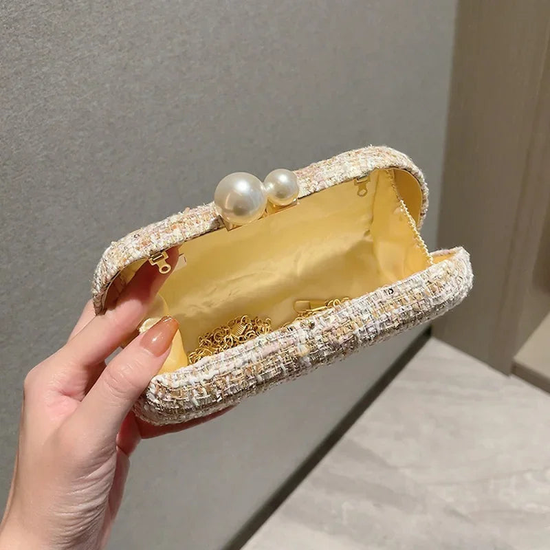 Saco de noite Sequin Tweed Faux Pearl Clutch Purse Bolsas Padrão Xadrez para Festa de Casamento Bolsas Crossbody de Ombro Pequeno