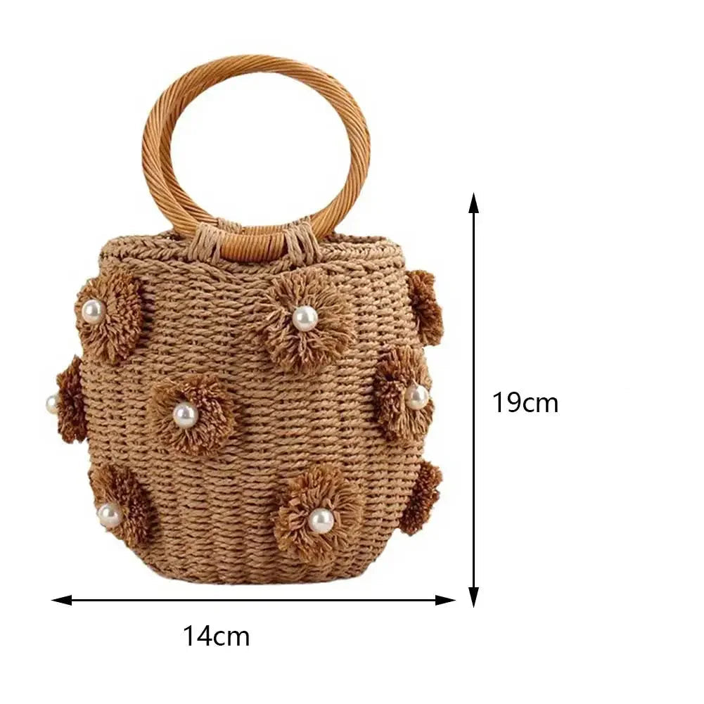 Bolsa feminina de palha com pérolas, bolsa de tecido artesanal com cordão para pulso, bolsa de praia para férias de verão