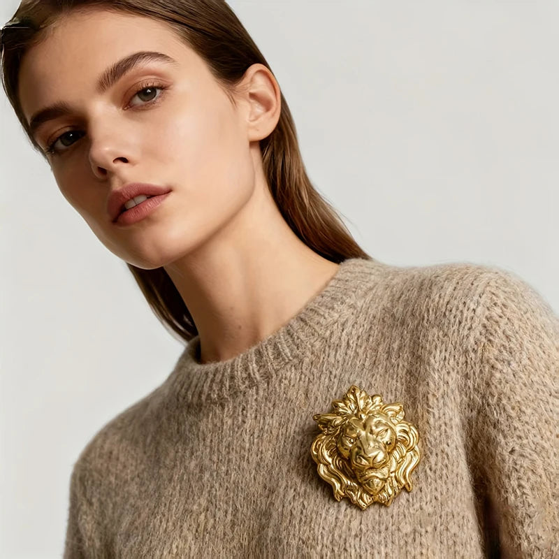 Broche Cabeça de Leão Dourado Estilo Ocidental Feminino para Jaquetas