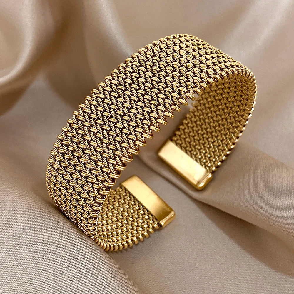 Pulseira vintage de malha trançada de aço inoxidável, punho clássico, joias à prova d'água para mulheres, homens, uso diário de festa, joias, presentes