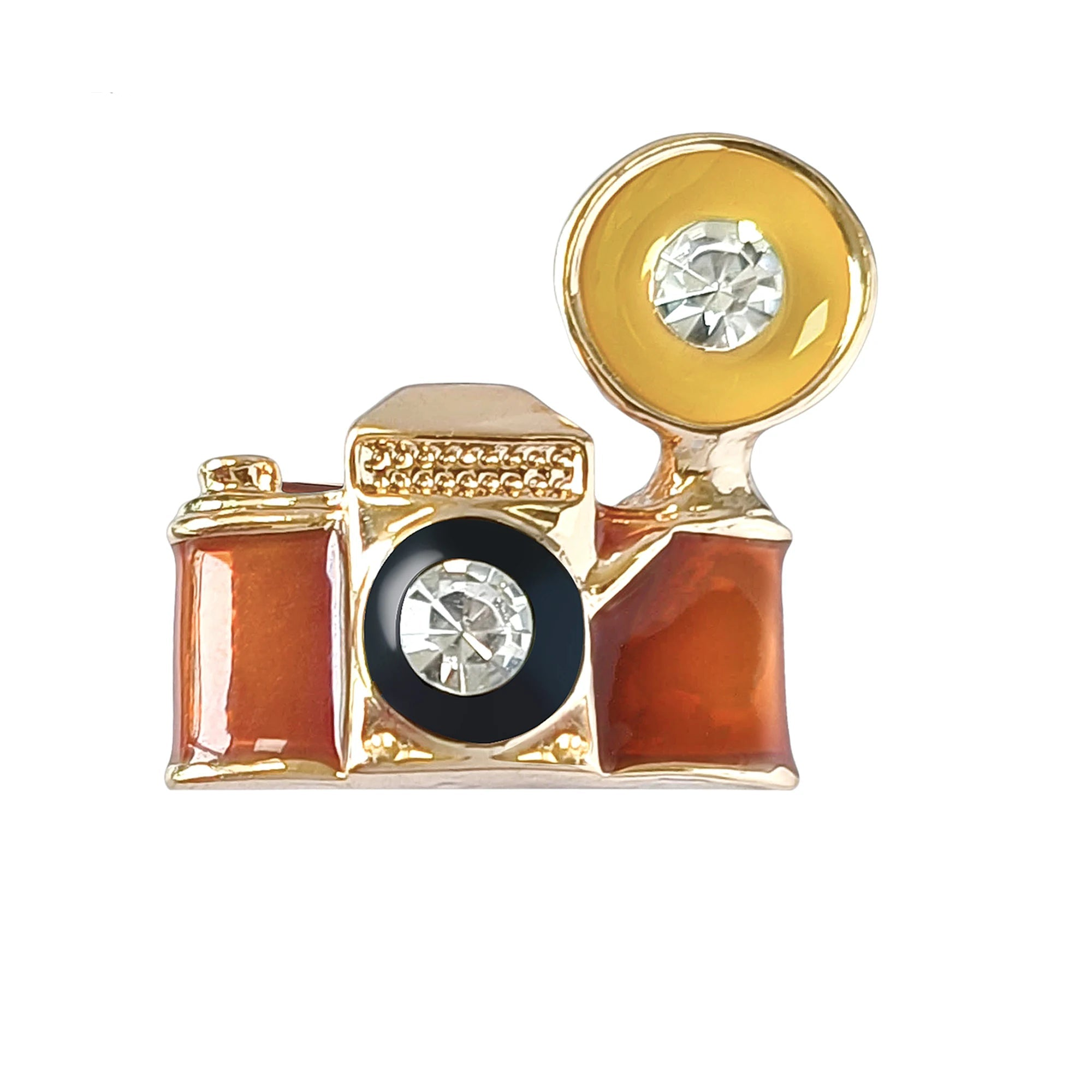 Broche Vintage Câmera com Strass e Esmalte Elegante