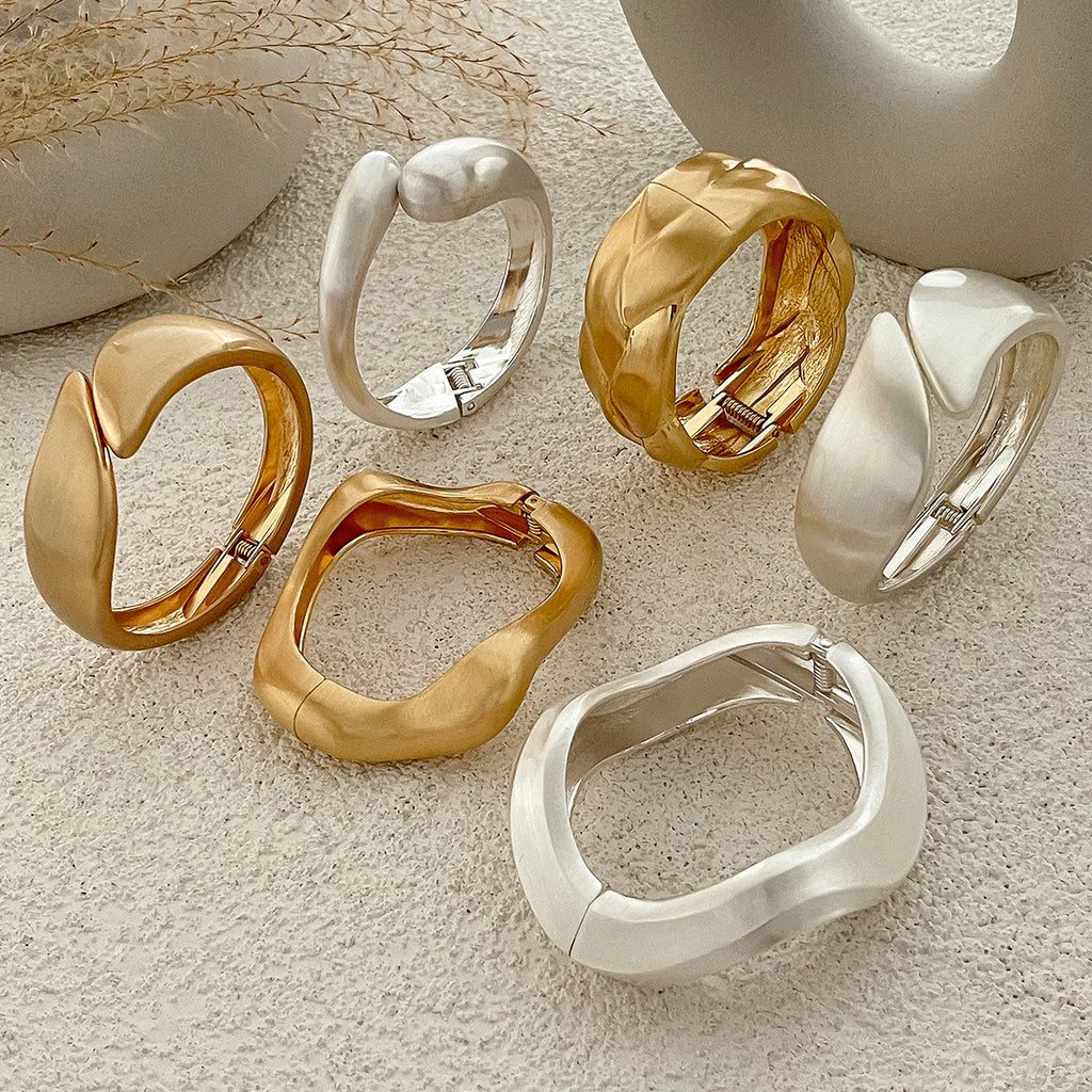 Ingemark Classic Vintage Matte Irregular Heavy Metal Chunky Wide Cuff Bangles Women Punk Gold Color Spring Bracelet Men Jewelry