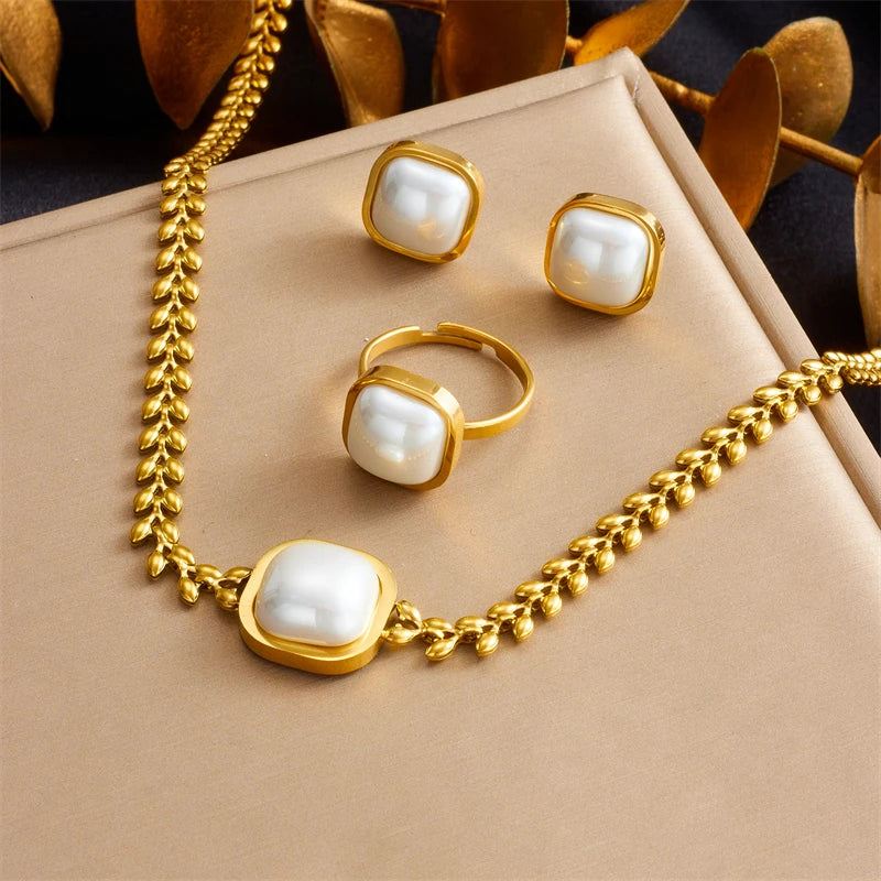 Dieyuro 316l aço inoxidável quadrado grande pérola colar brincos anel para mulheres menina novo presente de festa moda conjunto jóias bijoux