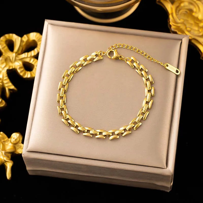 Pulseira de corrente de ligação oca de metal de aço inoxidável para mulheres vintage cor de ouro pulseira de relógio charme pulseiras jóias presentes