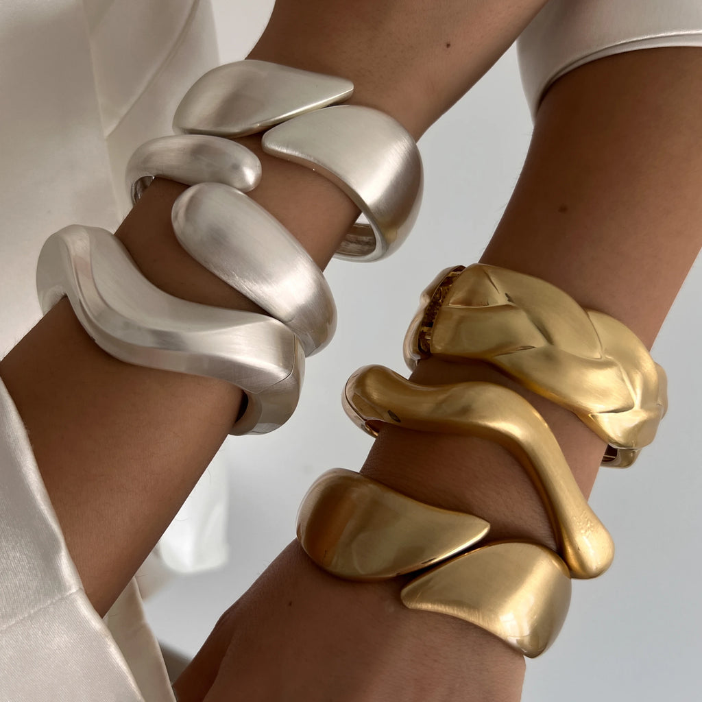 Ingemark Classic Vintage Matte Irregular Heavy Metal Chunky Wide Cuff Bangles Women Punk Gold Color Spring Bracelet Men Jewelry