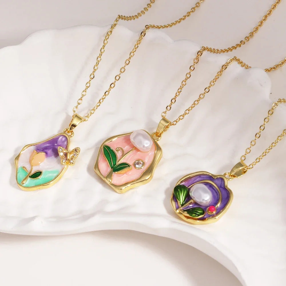 316l aço inoxidável colorido gota de óleo flor coração irregular colar para mulheres meninas vintage francês delicado jóias presentes