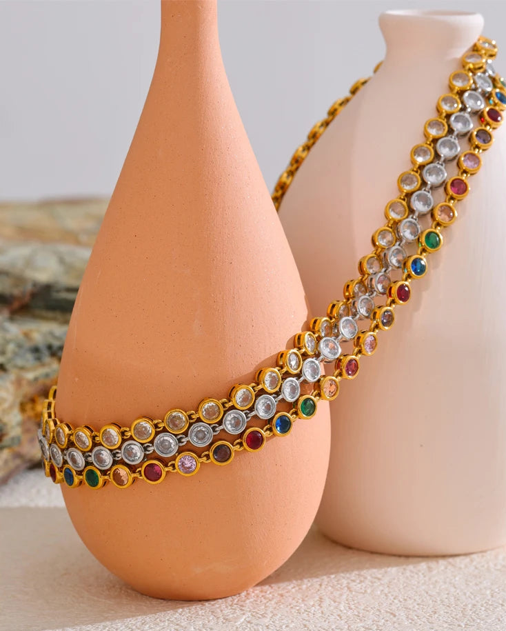 Yhpup requintado colorido zircônia cúbica luxo elenco corrente colar pulseira para mulheres de aço inoxidável à prova dwaterproof água jóias presente