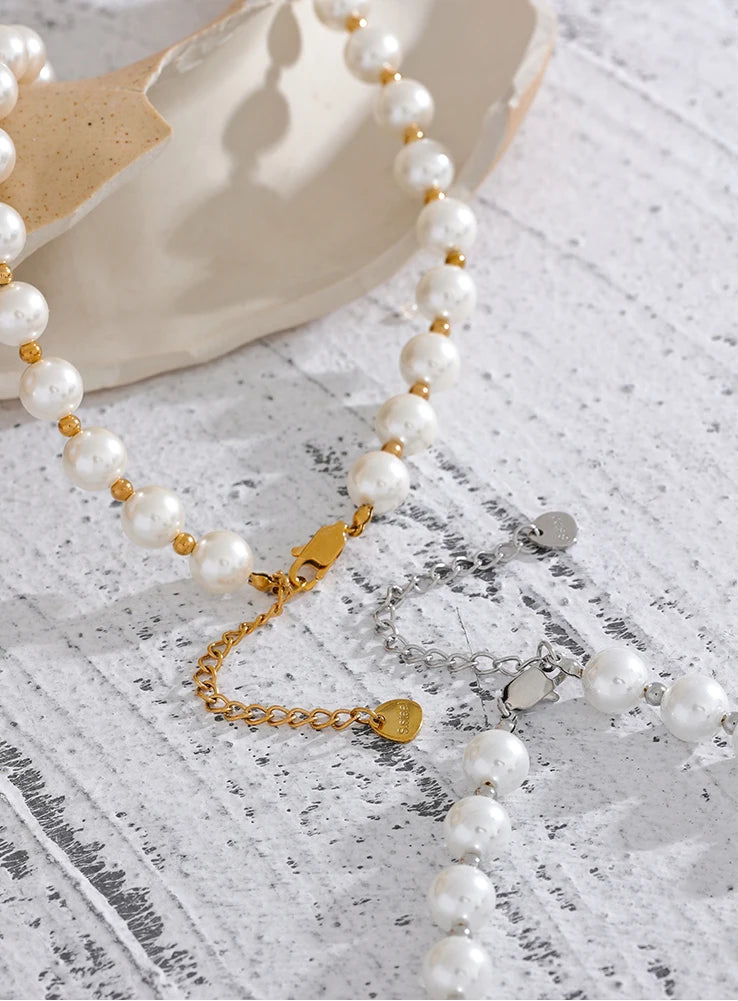 Yhpup destaque imitação de pérolas sem descascar corrente artesanal à prova d'água chique colar de aço inoxidável joias básicas da moda