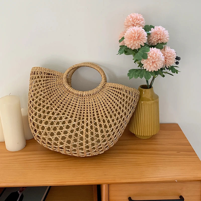 Luxo oco designer praia bolsa de ombro alta qualidade marca palha bolsa feminina verão raffia tecido cesta viagem tote bags