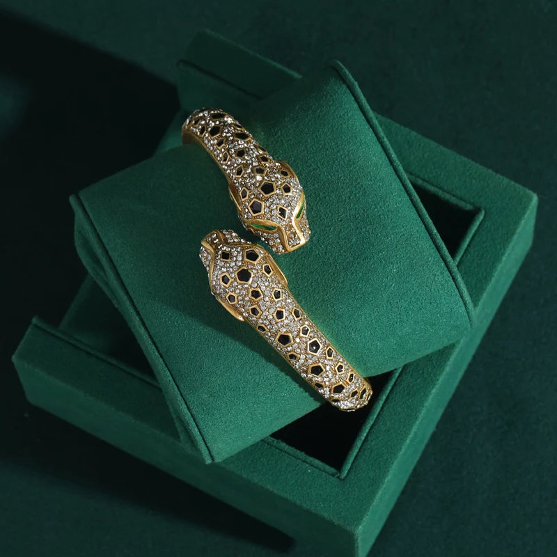 Pulseira vintage de leopardo para mulheres, olho verde, formato preto, pedra antiga, cor dourada, acessórios de designers de luxo, joias