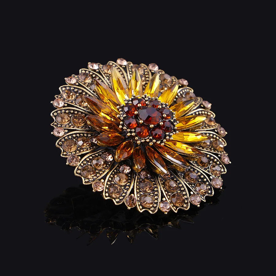 Broche Girassol Vintage com Cristais Design Elegante Feminino