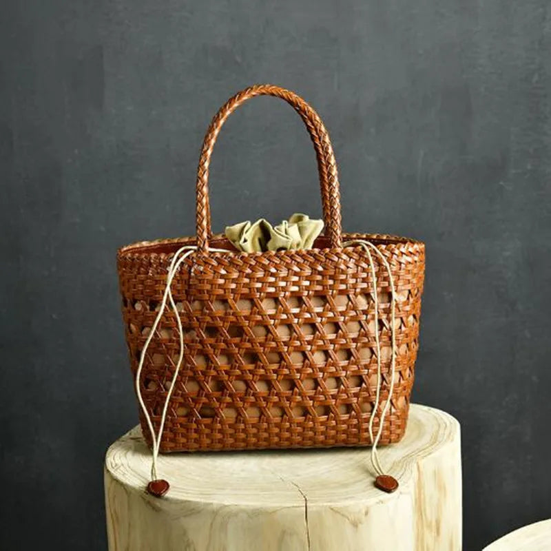 2024 bolsa de ombro feminina de couro genuíno com bolsa interna tecelagem bolsa de compras casual bolsa tote vintage