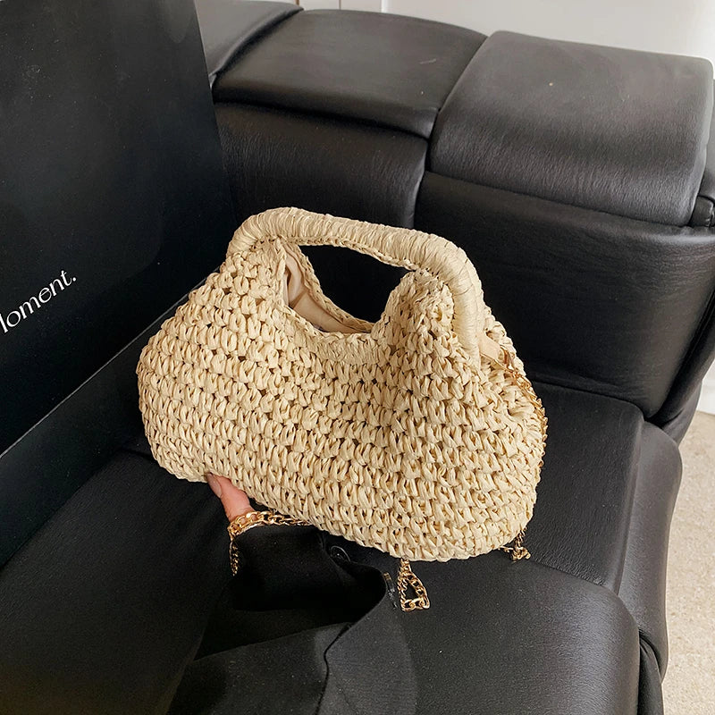 Retro tecido sacos de embreagem para as mulheres 2025 palha concha corrente bolsa mensageiro senhoras férias praia eco-friendly crossbody saco