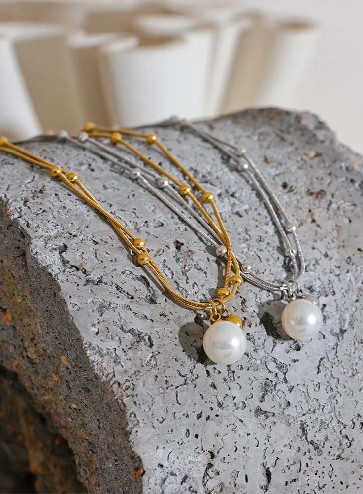 Yhpup elegante imitação de pérolas de aço inoxidável contas redondas corrente pingente colar para mulheres ouro prata cor jóias coreanas